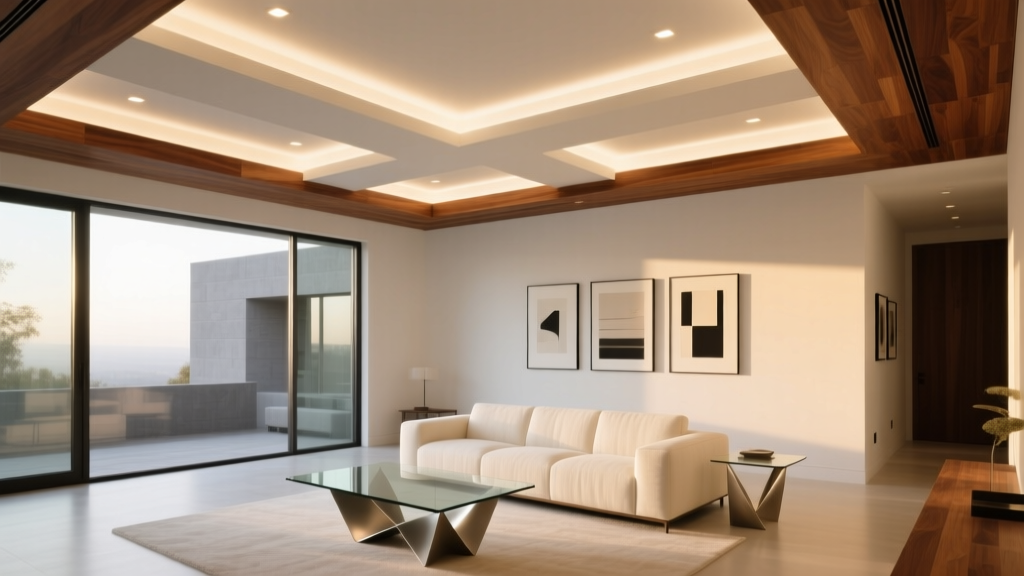 Modern living room featuring a multi-level gypsum board false ceiling with recessed LED lighting and wood accents