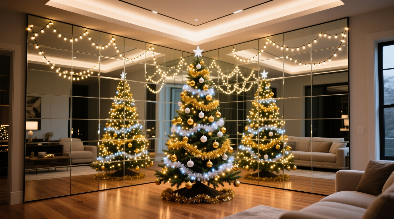 how to use mirror tiles to reflect christmas tree lights and double the sparkle