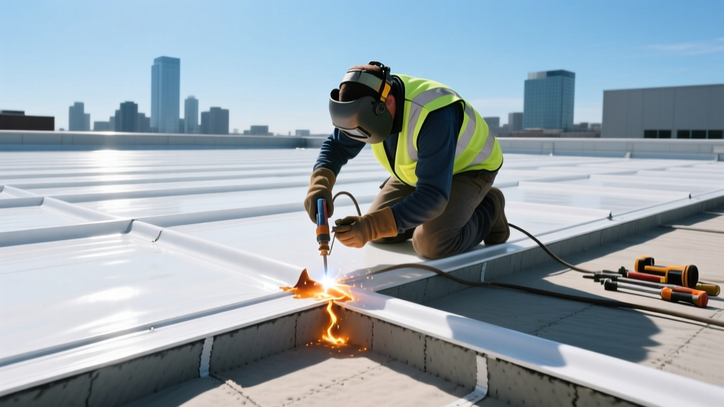 Worker heat-welding white TPO waterproof roof material seams over rigid polyiso insulation boards on a commercial flat roof