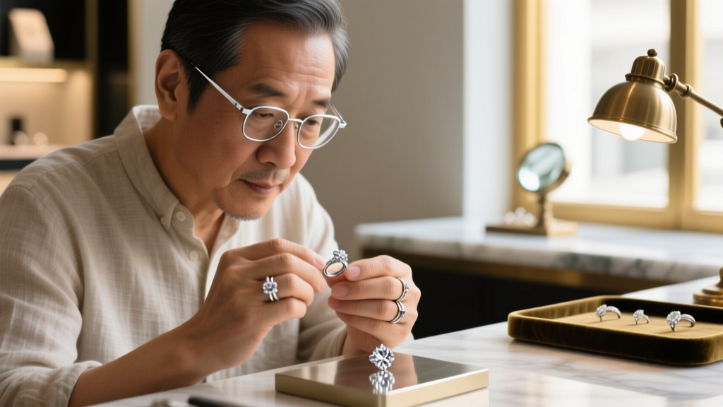 Close-up of a jeweler's hands using a loupe to inspect rhodium plating thickness on the inner edge of a large white gold hoop.
