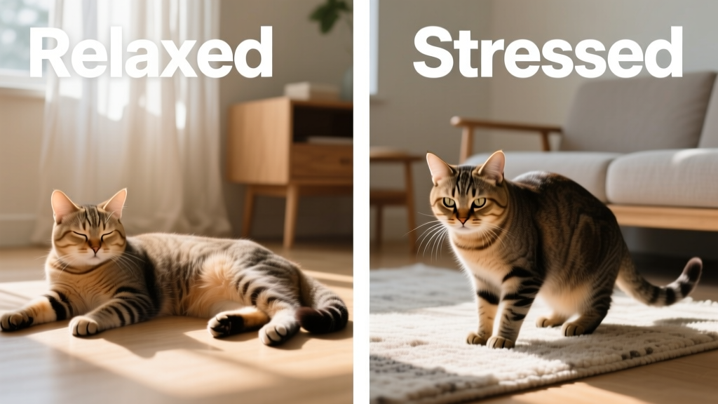 Side-by-side comparison of relaxed vs. stressed cat body language, labeled clearly