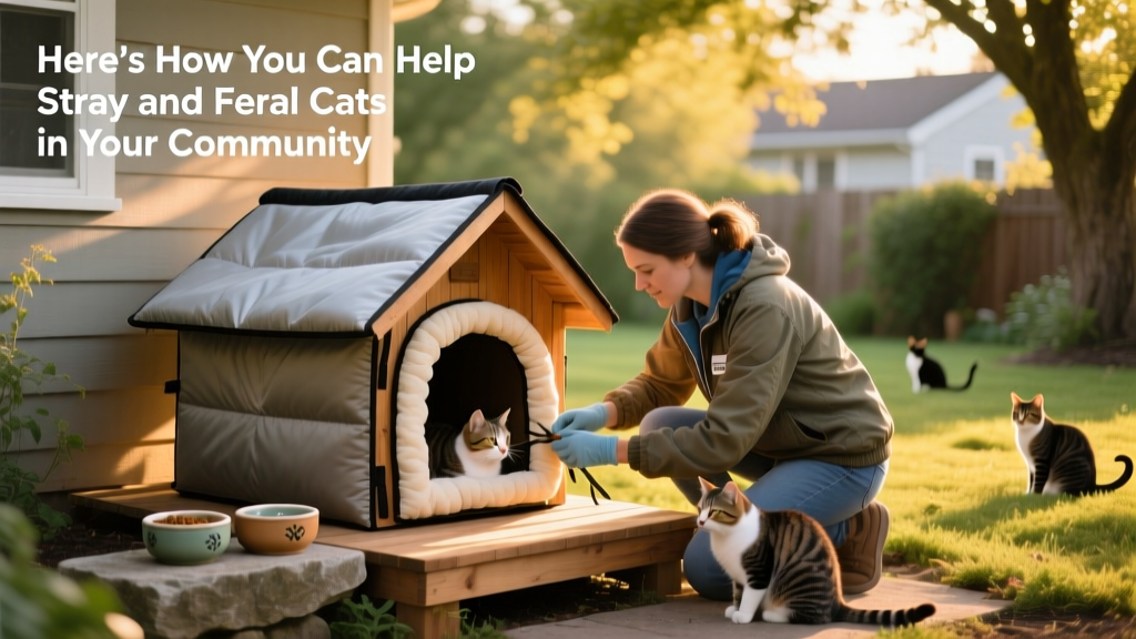 Volunteer setting up a small insulated shelter for feral cats beside a quiet garden shed, with food and water bowls nearby