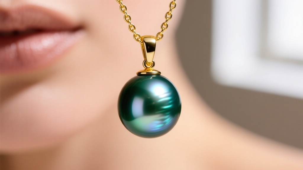 Macro shot of a peacock-green 10mm Tahitian saltwater pearl pendant on an 18k yellow gold chain against softly blurred skin tones.