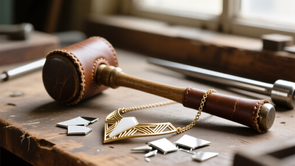 Workbench with a rawhide mallet, steel mandrel, and a damaged white gold art deco pendant necklace awaiting filigree straightening.
