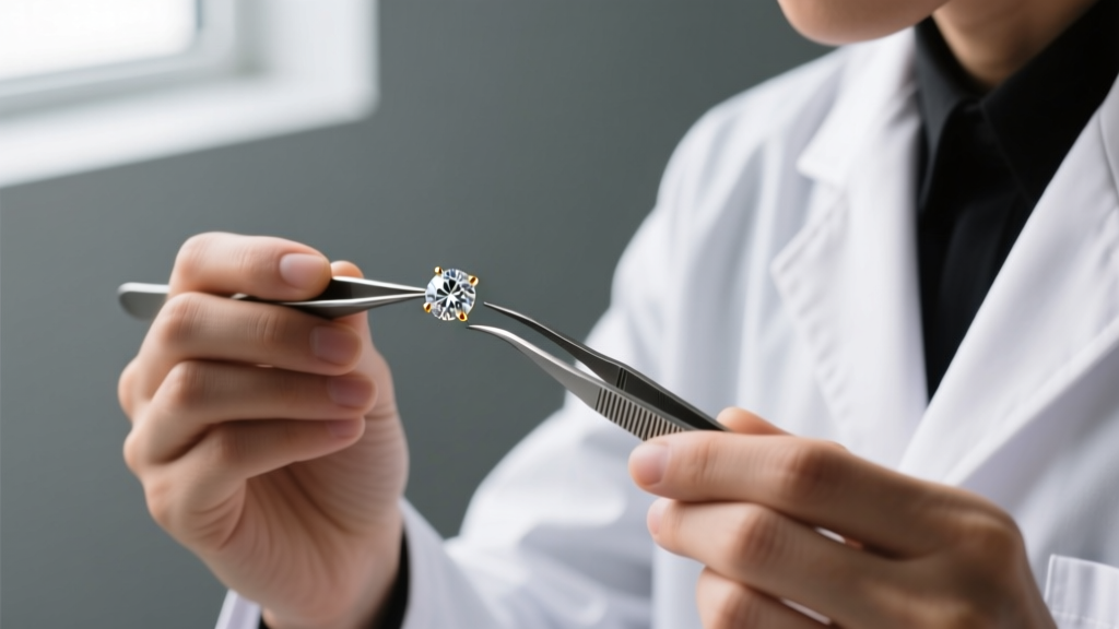 Jeweler using precision tweezers to inspect a half-carat diamond for a stud earring setting against a neutral gray background