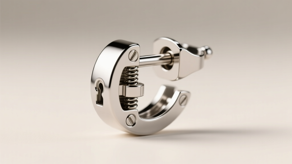A macro shot of a platinum La Pousette lockable earring mechanism partially engaged on an 18-gauge post under studio lighting.