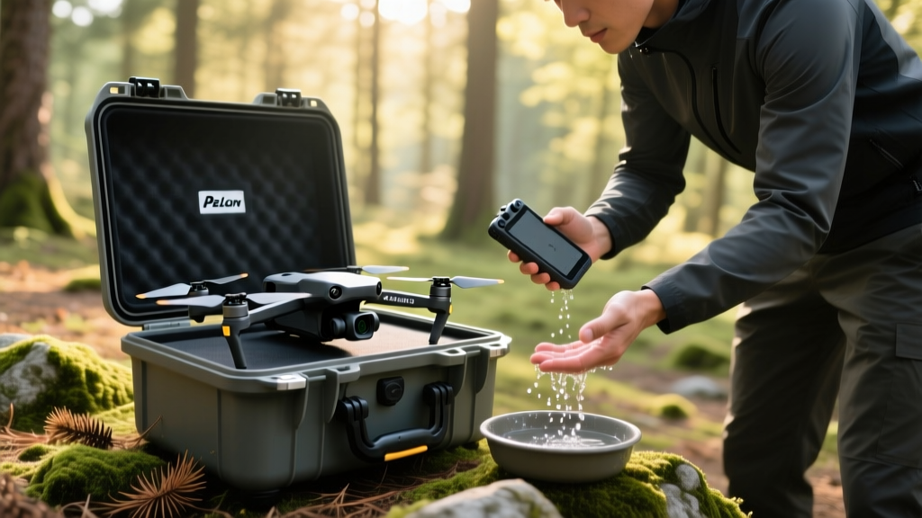 Drone pilot using a smart portable gadget for hand wash beside an open Pelican case holding a Mavic 3 camera drone in a forest