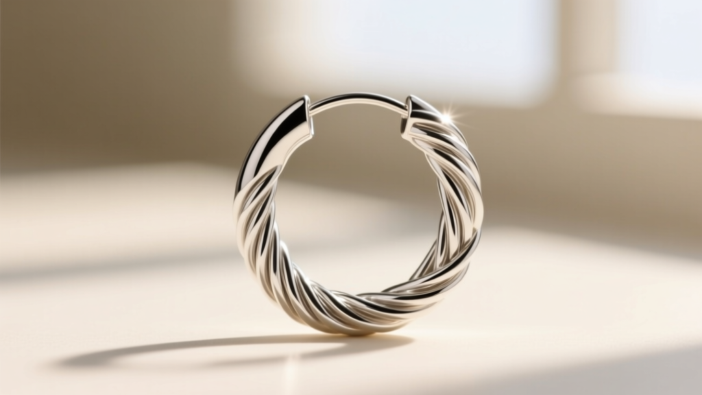 Macro photo of a 16-gauge rope twist sterling silver hoop earring, highlighting the tight wire spirals and high-polish finish