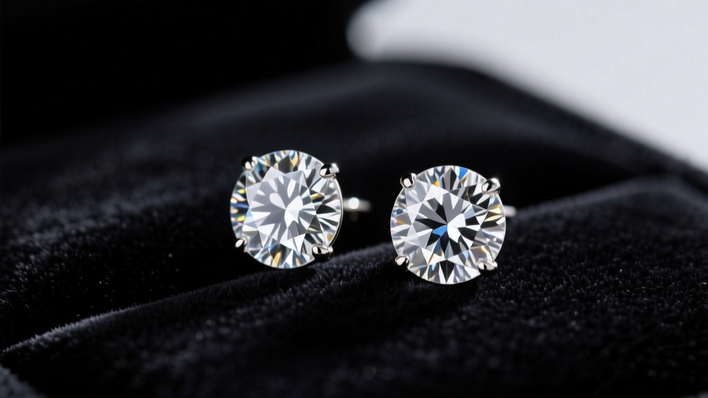 Close-up of Asch Grossbardt diamond stud earrings on dark velvet, soft studio lighting highlighting the brilliant cut facets.