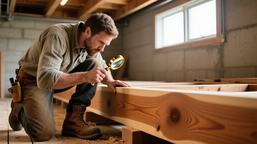 Carpenter using a magnifying loupe to examine the end-grain of an exposed Douglas Fir structural floor joist in a basement.