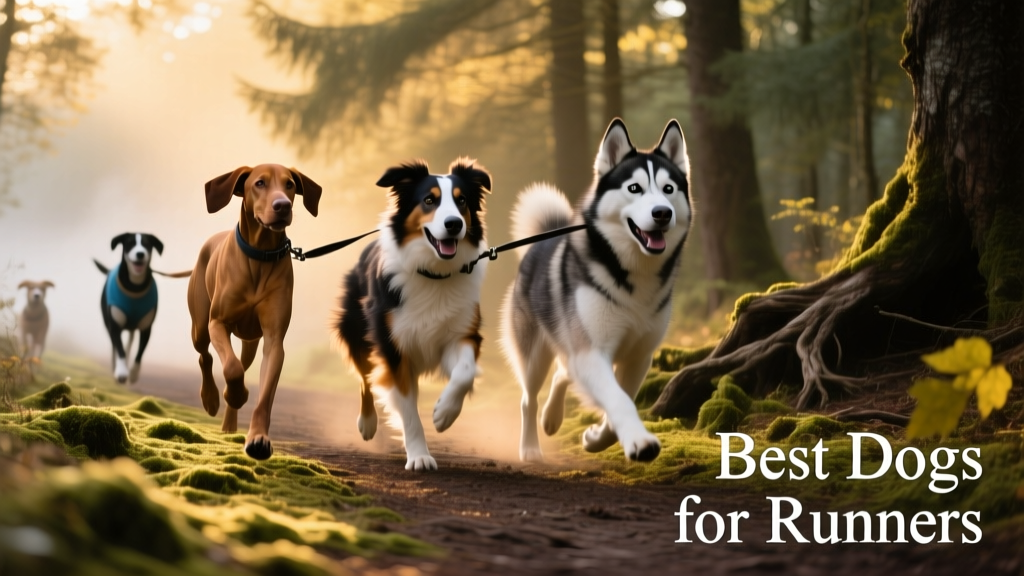 A mixed group of running-friendly breeds—Vizsla, Australian Shepherd, and Siberian Husky—trotting side-by-side on a forested trail, leashes loose but attentive