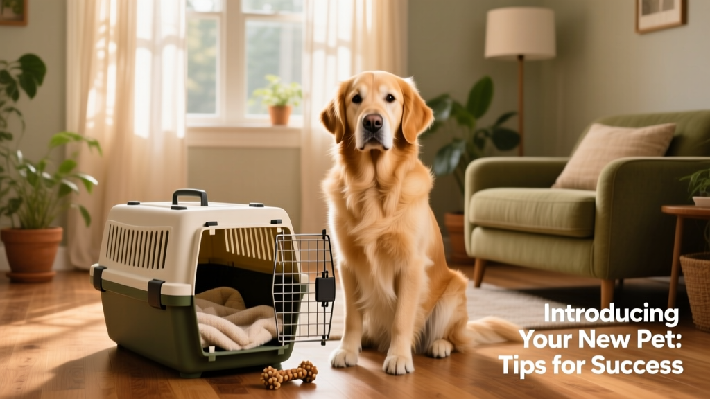 A calm, confident dog sitting beside a gently opened carrier in a quiet living room