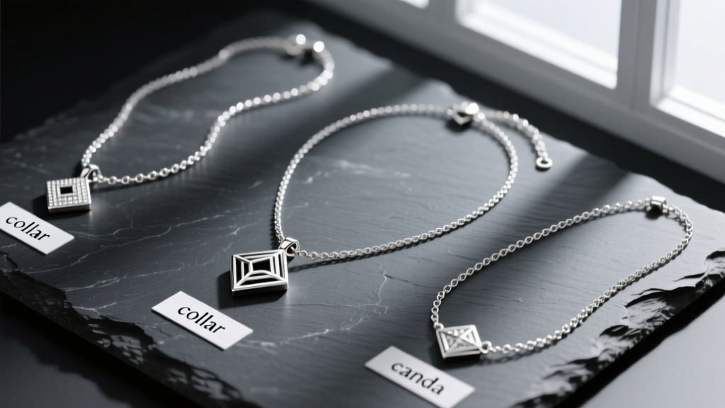 Overhead flat-lay of silver necklaces labeled with Spanish tags reading collar and cadena on a dark slate surface