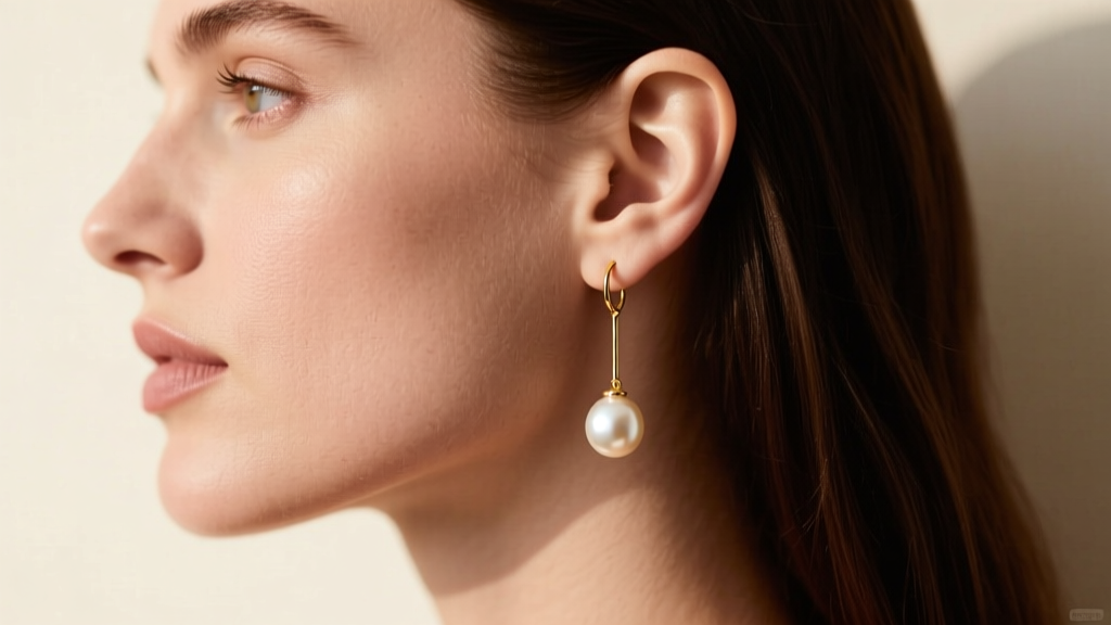 Side profile of a woman wearing a 16mm pearl drop earring on an 18-gauge gold wire, showing a slight downward pull on the earlobe