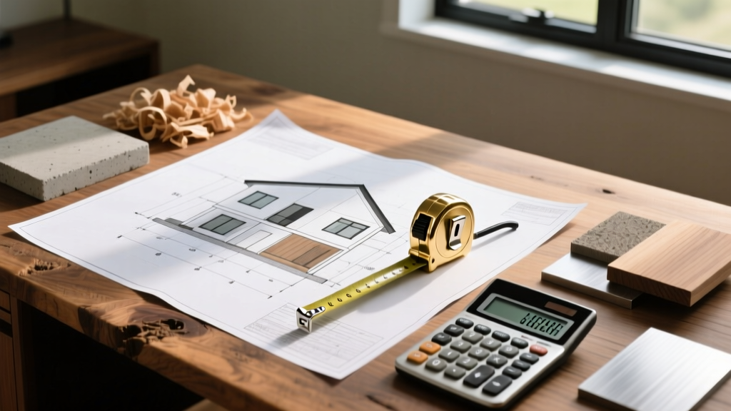 Architectural blueprints on a wooden desk next to a brass tape measure, calculator, and material samples for a modern two-story home build
