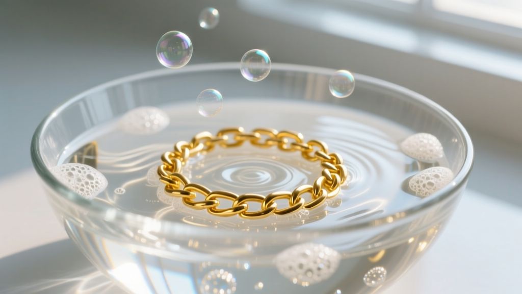 Macro shot of a soapy water bath in a glass bowl with a submerged 14k yellow gold link chain, soft natural window lighting.