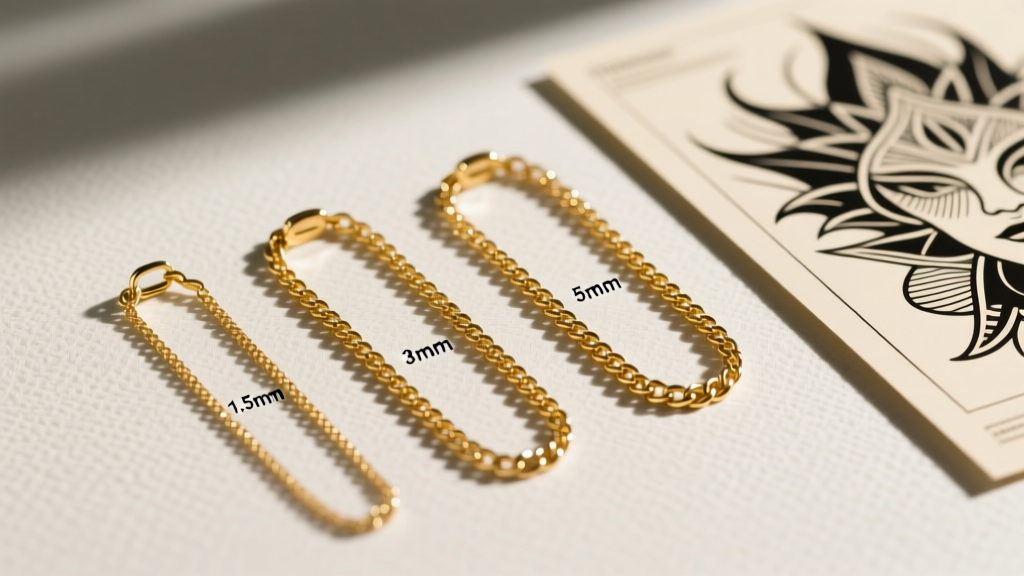 Flat lay of three gold chain widths 1.5mm 3mm and 5mm next to a tattoo flash sheet showing scale and proportion for styling