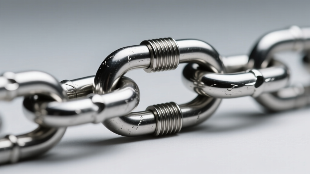 Macro shot of a 5mm 316L stainless steel mariner chain link and heavy screw-barrel clasp under bright, focused studio lighting.