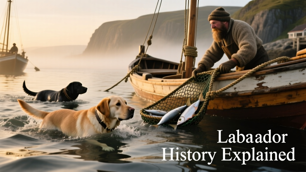 Historical illustration of St. John's Water Dogs swimming alongside fishing boats in Newfoundland