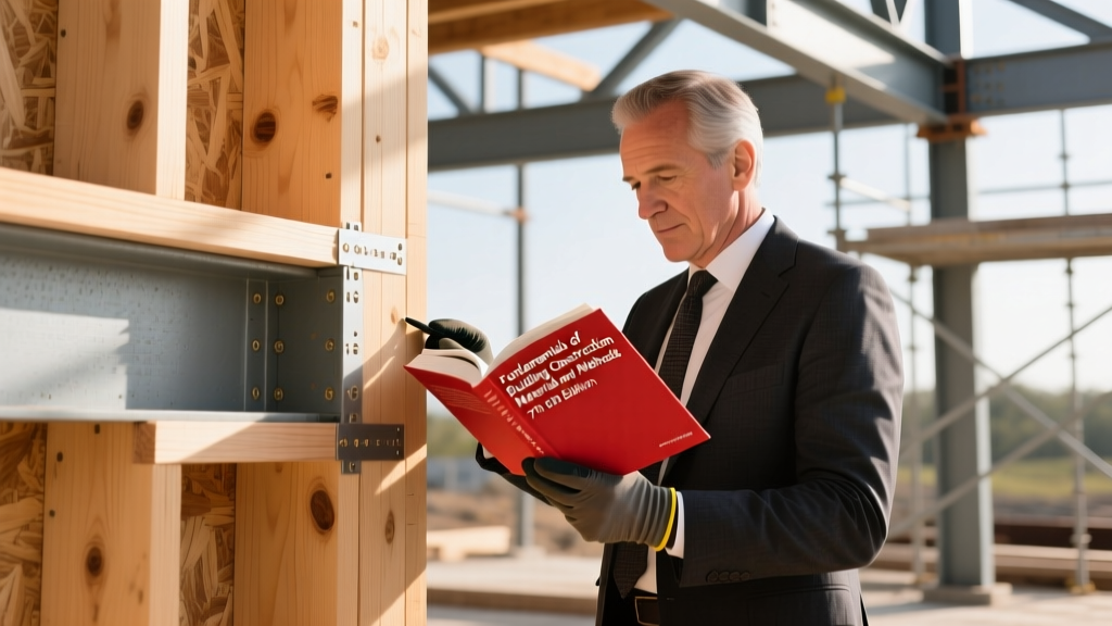 Architect reviewing a physical copy of the Fundamentals of Building Construction Materials and Methods 7th Edition next to a cross-laminated timber structural node on an active job site