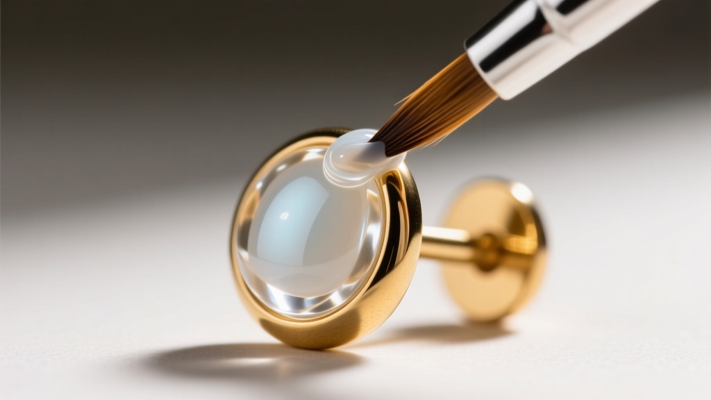 Macro shot of a brass earring post being carefully coated with clear enamel polish to prevent skin irritation and metal tarnish.