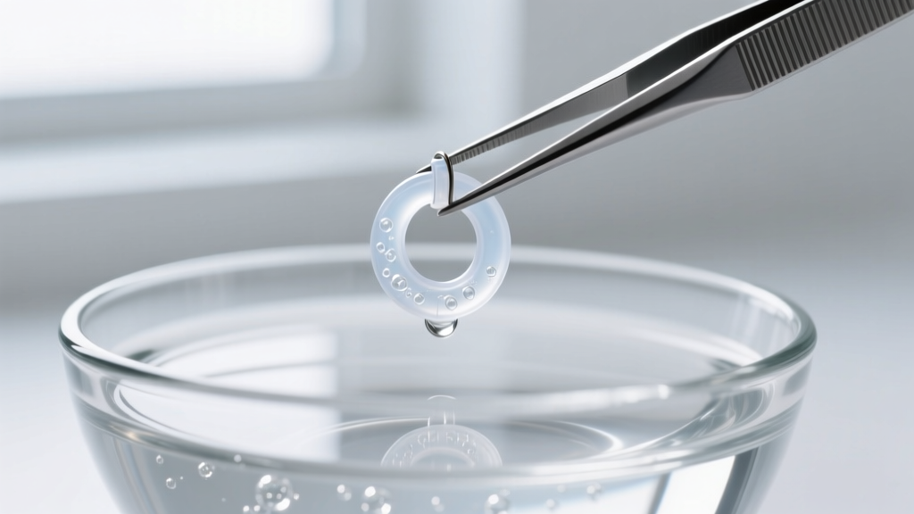 Tweezers holding a clear medical-grade silicone O-ring earring back, submerged in a small glass bowl of sterile saline solution.