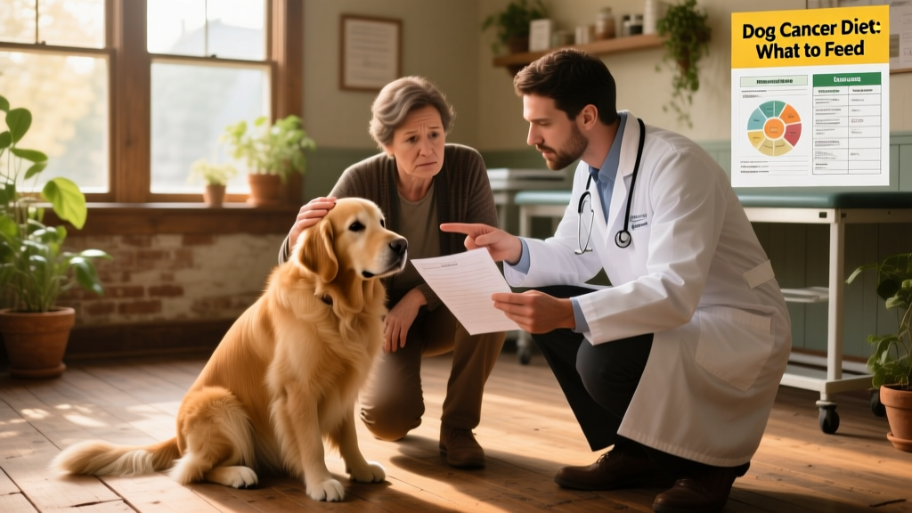 A veterinarian reviewing lab results and a nutrition plan with a concerned pet owner