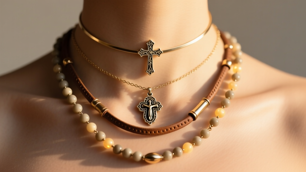 Layered necklace stack with a 16-inch cross choker, an 18-inch Scapular, and a 20-inch Rosary pendant glowing in warm sunlight.
