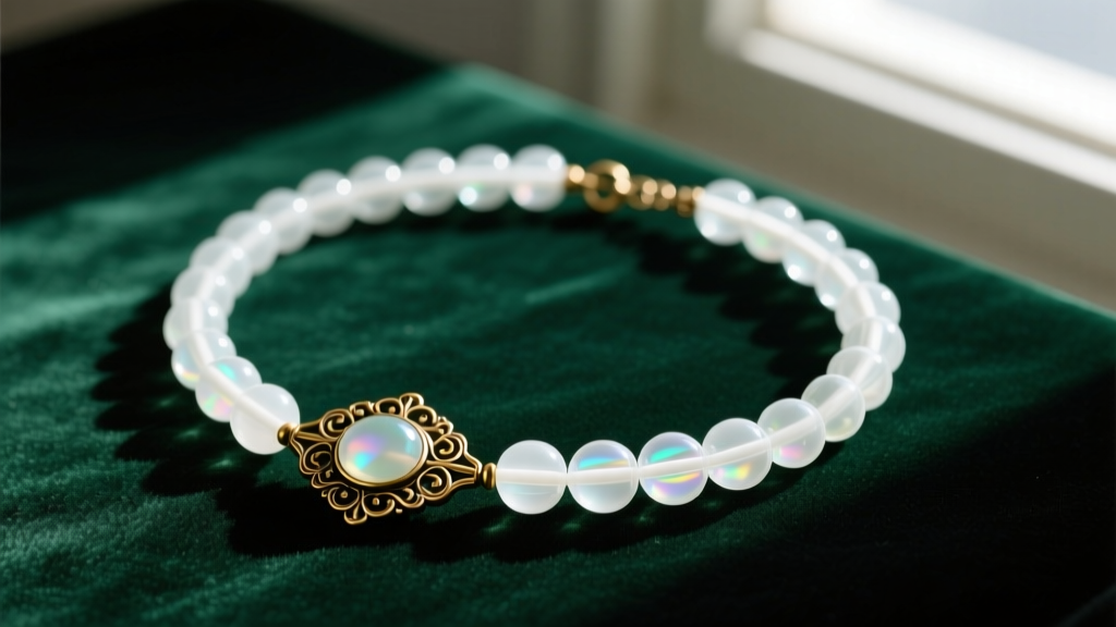 Flat lay of a vintage white glass bead necklace on dark green velvet, highlighting its translucent glow and intricate brass clasp