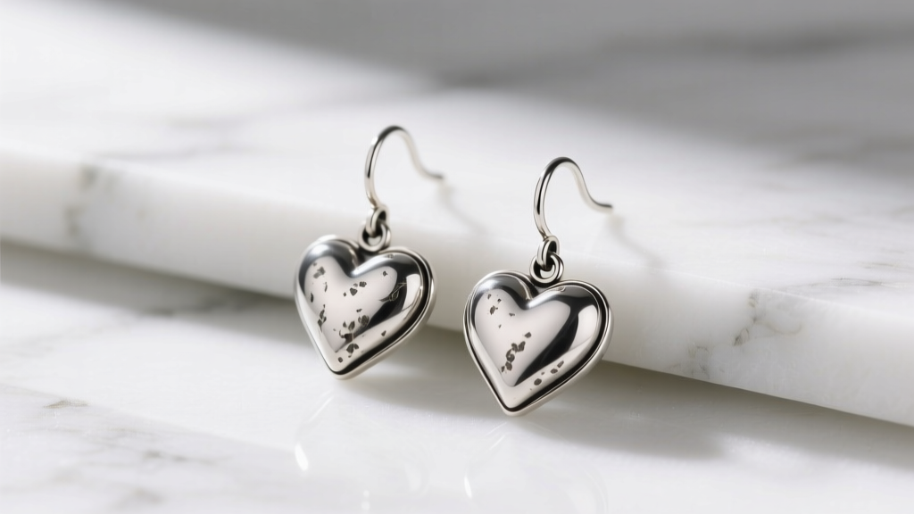Vintage Silpada sterling silver puffed heart drop earrings resting on white marble, soft lighting highlighting oxidized details.