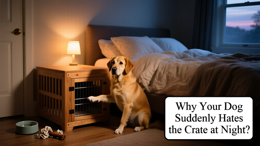 Crate positioned beside a human bed with soft bedding visible inside and a gentle nightlight nearby