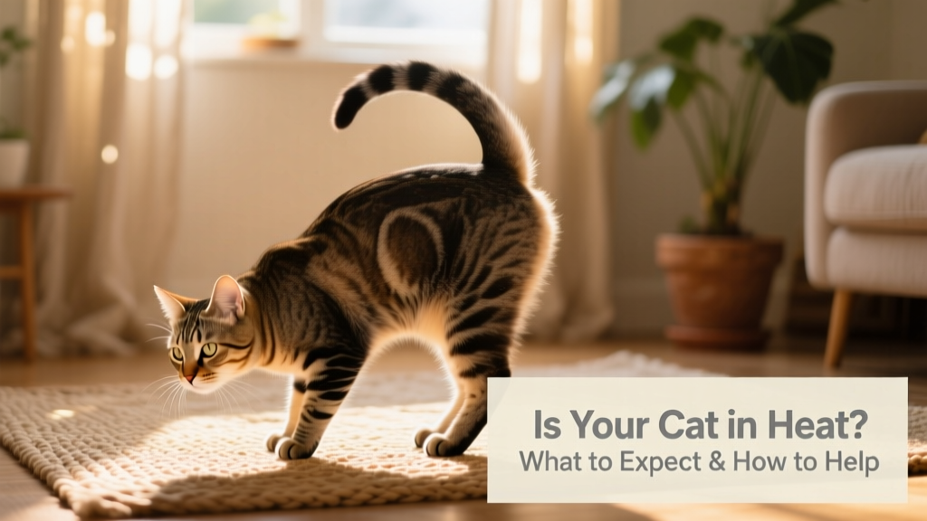 Cat in lordosis posture—back lowered, hindquarters elevated—with gentle lighting