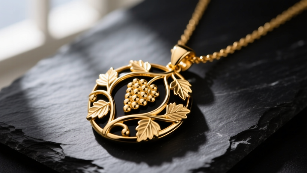 Close-up of a tri-color Black Hills gold necklace pendant featuring intricate grape and leaf motifs resting on dark slate