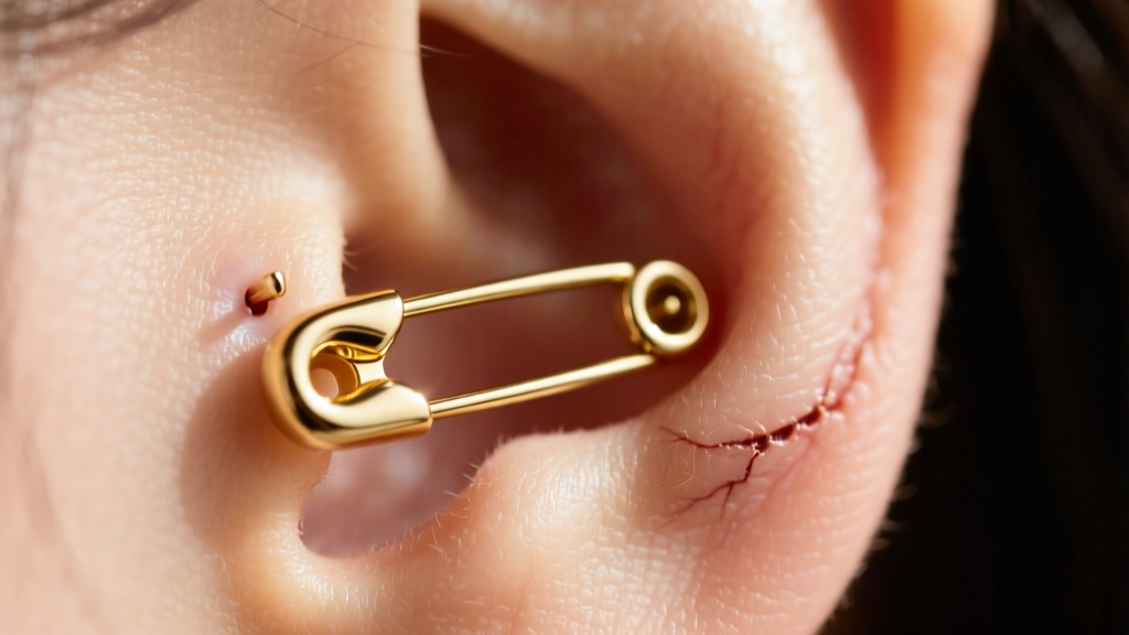 Close-up of a 14k gold safety pin earring in a healed earlobe piercing, showing the high-shine finish and a secure locking cap.