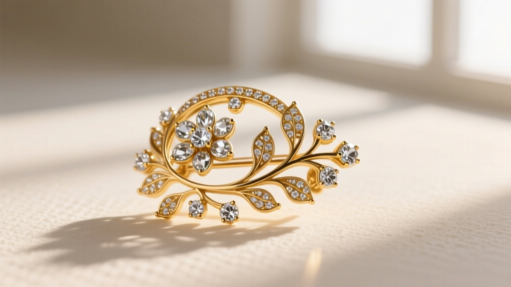 Close-up of a vintage gold-tone BSK jewelry brooch with floral filigree and prong-set clear rhinestones, soft light.