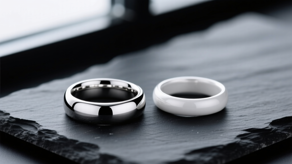 Platinum ring beside a white gold ring on dark slate, highlighting platinum