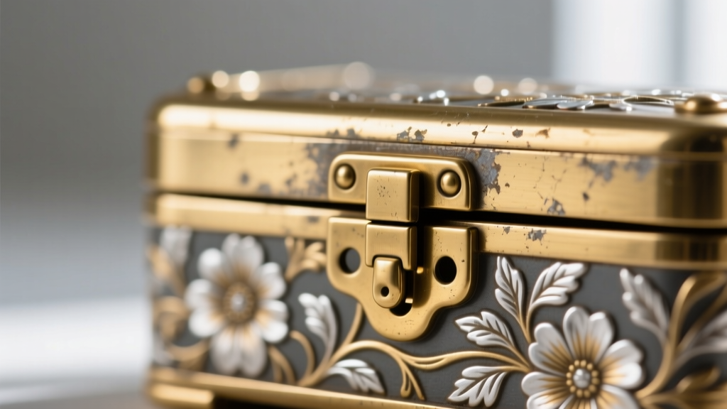Close-up of a brass-plated zinc alloy hinge and clasp on a floral jewelry box showing slight wear on the metallic finish edge.