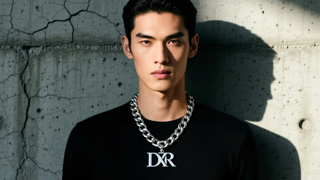 Model wearing a 12mm stainless steel Cuban link chain with a rhodium-plated DRR logo pendant against a raw concrete wall