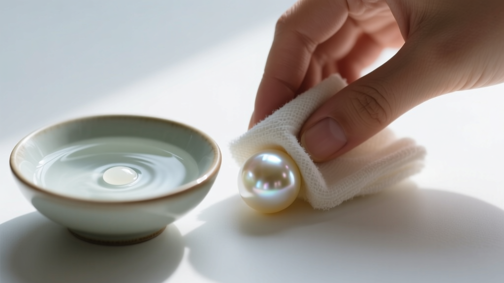 Hands wiping a freshwater pearl with a damp microfiber cloth next to a small bowl of distilled water and pH-neutral soap.