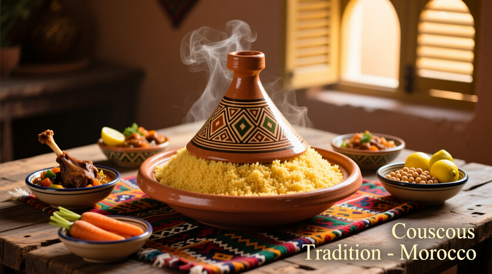 Fluffy golden couscous in traditional Moroccan serving dish