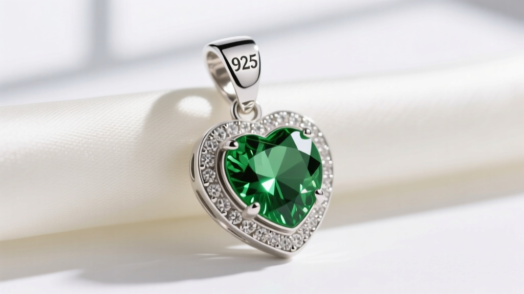 Macro shot of a sterling silver clover heart pendant with a bezel-set peridot, showing the 925 hallmark stamped on the top bail.