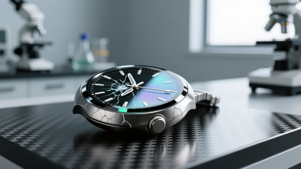 Close-up macro shot of a scratched titanium smartwatch bezel and sapphire crystal face resting on a carbon fiber testing surface in a lab