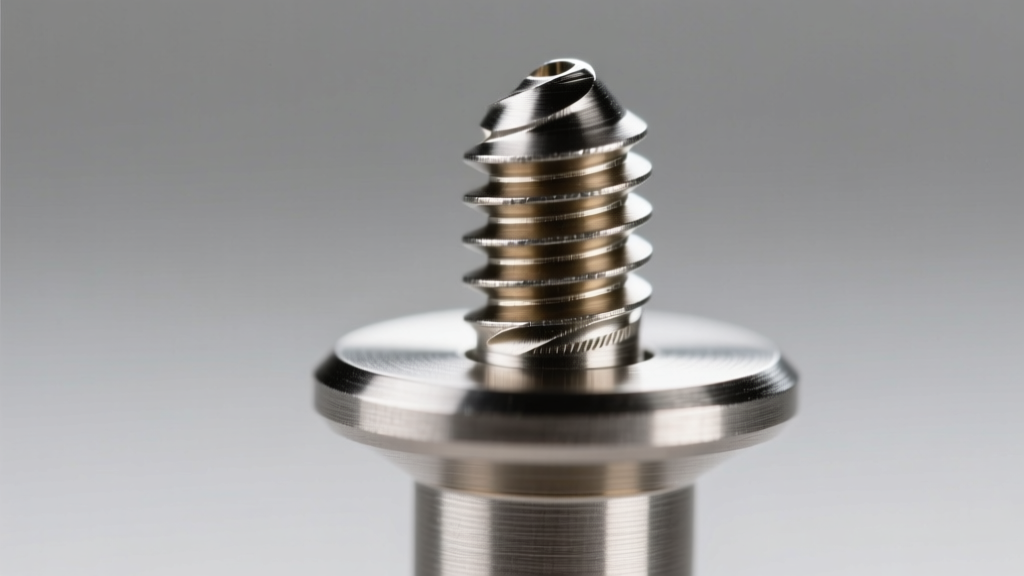 Close-up of a 14g internally threaded titanium flat back being unscrewed, showing the M1.6 threading on the polished metal post