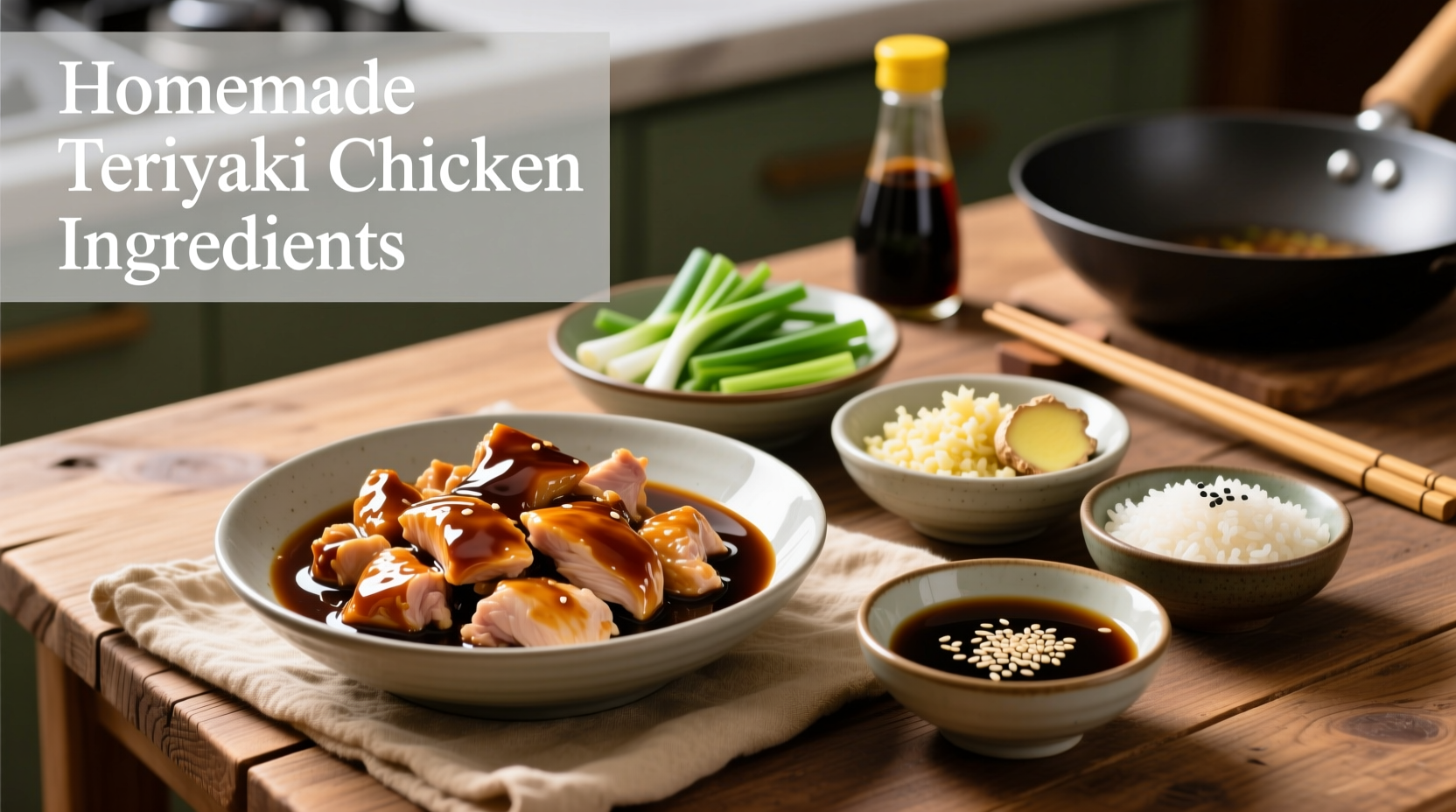 Homemade teriyaki chicken ingredients in bowls