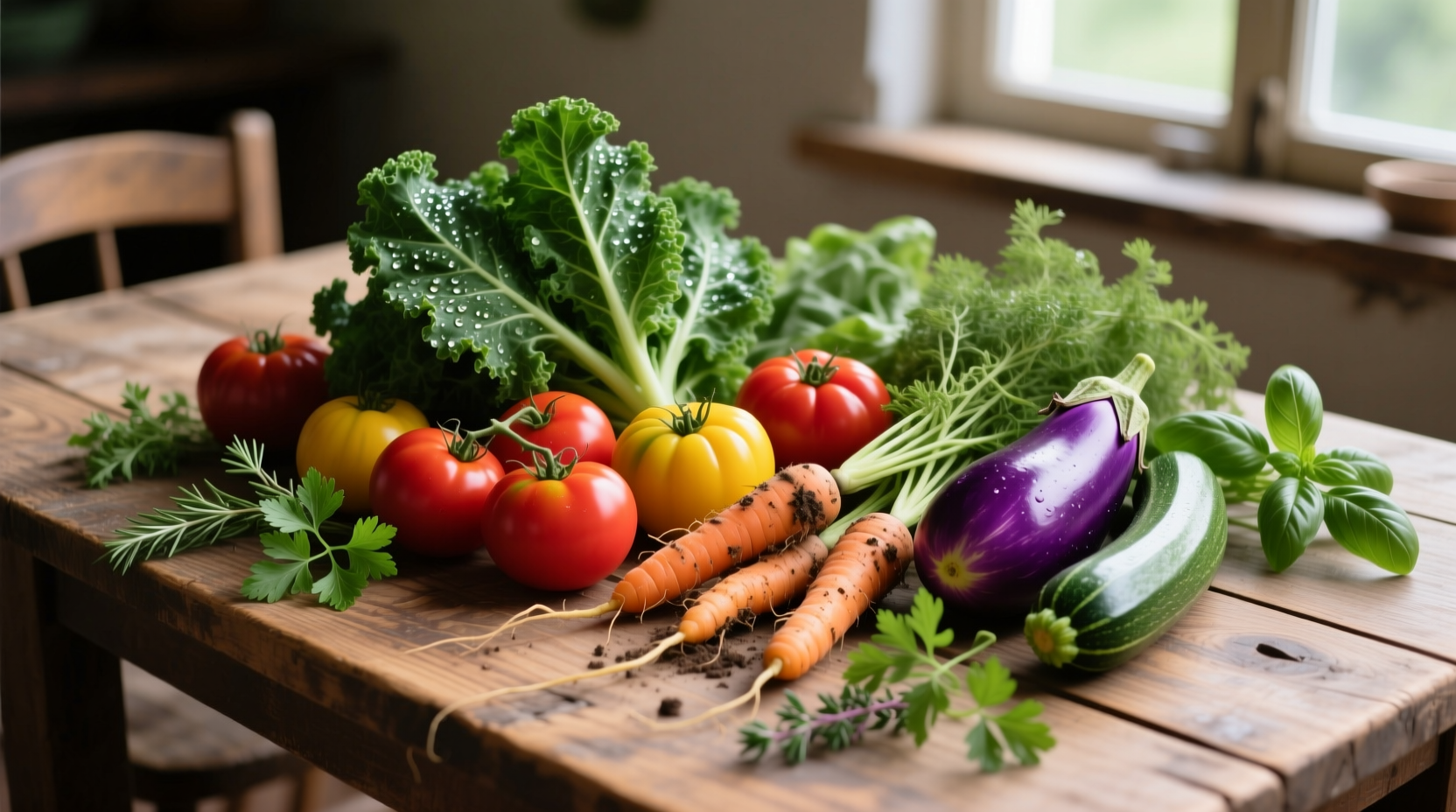 Fresh whole foods arrangement on wooden table
