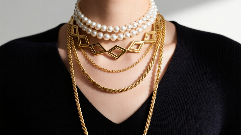 Close-up of a layered stack with a pearl choker, mid-length gold dart necklace, and long rope chain over a dark V-neck sweater.