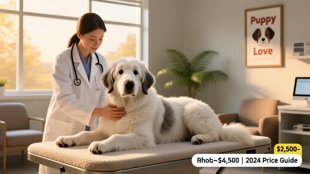 A veterinarian gently examining an Old English Sheepdog during a routine wellness visit