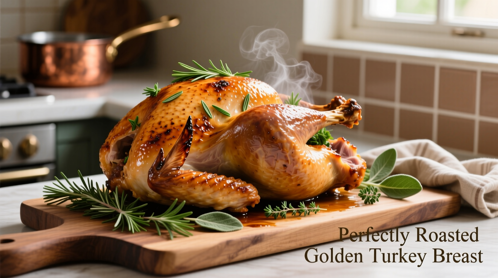 Perfectly roasted golden turkey breast with herbs