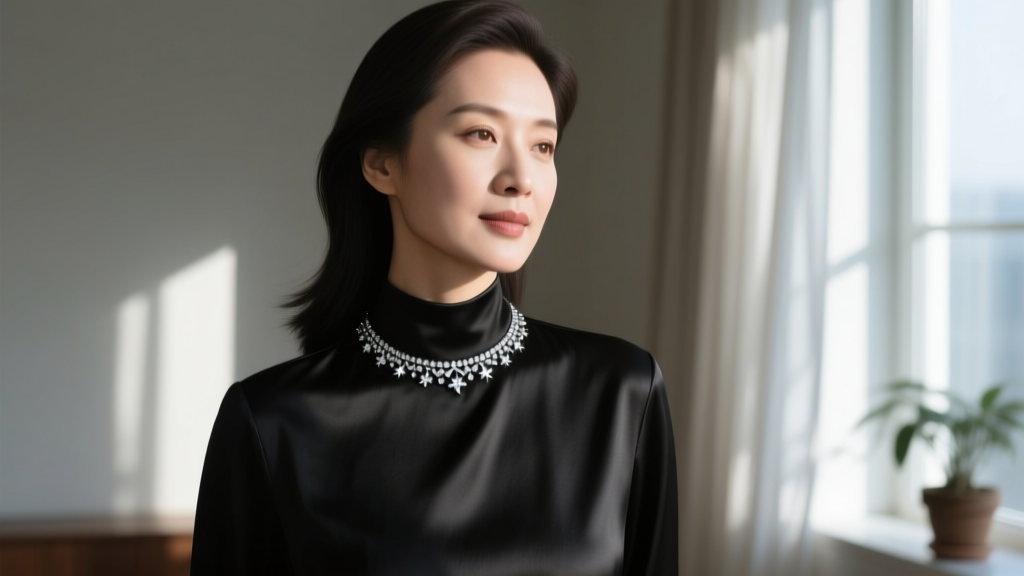 Woman wearing a high-neck black silk blouse paired with a delicate 14-inch marcasite choker, shot in moody natural window light.