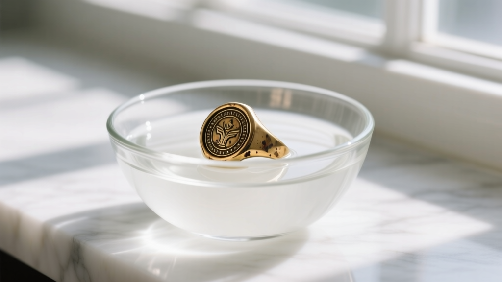 Tarnished vintage brass signet ring soaking in a clear glass bowl of white vinegar, lit by soft natural morning window light.